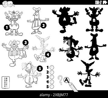 Illustrazione dei cartoni animati che mostra come trovare le ombre giuste per le immagini attività educative con clown personaggi che colorano la pagina Illustrazione Vettoriale