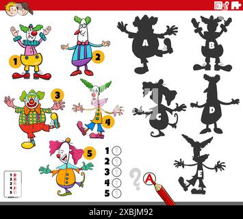 Illustrazione di cartoni animati che mostra come trovare le ombre giuste per le immagini attività educative con i personaggi clown Illustrazione Vettoriale