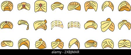 Le icone turban arabe impostano il vettore di contorno. Cappello arabo. Fattoria asiatica sottile linea di colore piatto su bianco Illustrazione Vettoriale