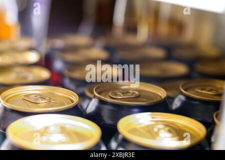 lattine in metallo di colore nero impilate sugli scaffali dei negozi in una fila simmetrica Foto Stock