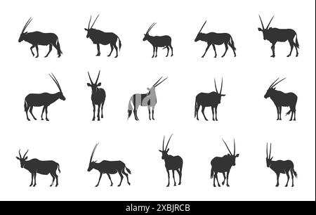 Silhouette Oryx, silhouette animalier con corna, set vettoriale Oryx Illustrazione Vettoriale