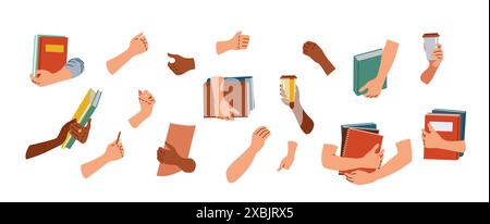 Set vettoriale di mani umane diverse in pose e gesti diversi - tenere libri, puntare, abbracciare, dare, prendere, e tenendo una tazza di caffè. Isolat Illustrazione Vettoriale