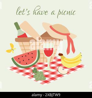 Poster per picnic con scritta. Illustrazione piatta vettoriale. Colorato piatto d'invito al cartoni animati per cena all'aperto nel fine settimana, colazione con Bas Illustrazione Vettoriale
