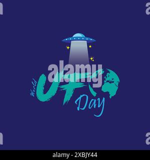 World UFO Day, creatività, tipografia esclusiva, logo, illustrazione vettoriale isolata. Illustrazione albero di diramazione cosmo. Alieni su Flying Saucers Illustrazione Vettoriale