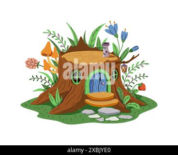 Magica casa dei cartoni animati di uno gnomo o di una fata da un grosso ceppo di alberi. La casa si trova su un prato verde decorato con fiori e foglie. La casa ha un woo Illustrazione Vettoriale