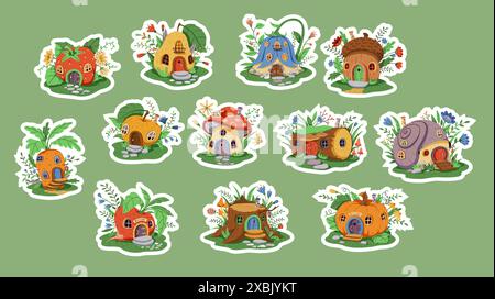 Un grande set di adesivi sul tema delle varie case delle fate di uno gnomo o di una fata. La casa si trova su un prato verde decorato con fiori e foglie. Illustrazione Vettoriale