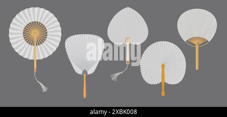 Tradizionali ventole asiatiche di carta bianca realistico set di illustrazioni vettoriali. Accessorio souvenir tradizionale dall'Asia oggetti 3d su grigio Illustrazione Vettoriale