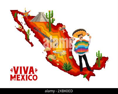 Cartina di carta del Messico con cucina nazionale, musicista mariachi e cactus. La geografia vettoriale del paese confina con l'uomo latino in sombrero, i baffi indossano maracas, tacos, piramidi e pinata Illustrazione Vettoriale