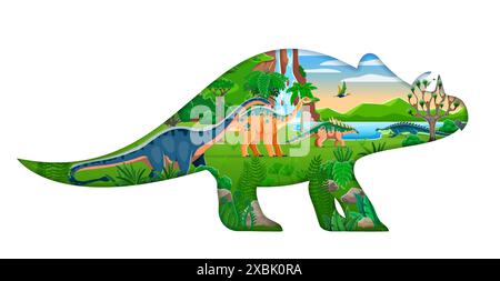 Sagoma di dinosauro preistorico tagliata in carta con paesaggio e dino vagante tra fogliame verdeggiante, cascate e montagne. Sarcosuchus, quaesitosaurus, apatosaurus e polacanthus in ambiente naturale Illustrazione Vettoriale