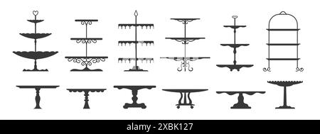 Vassoio di torte per il tè nuziale, sagome del vassoio con piedistallo isolato. Piedistalli da tavolo Vector retro, piedistalli e piatti da esposizione per dessert, dolci e pasticcini. Serve piatti per torte e bancarelle a più livelli Illustrazione Vettoriale