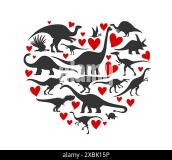 Amo i dinosauri a forma di cuore. Silhouette vettoriali di dinosauro disposte a forma di cuore, simboleggiano la passione per le antiche creature. Le specie T-rex, brachiosaurus e triceratops si mescolano con i cuori rossi Illustrazione Vettoriale