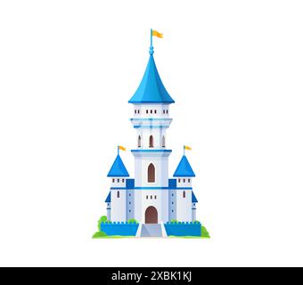 Castello dei cartoni animati, palazzo del regno. Edificio medievale vettoriale isolato. Fortificazione magica con torrette e bandiere torreggianti blu, muri merlati, finestre ad arco, scale in pietra, cancello e vegetazione intorno Illustrazione Vettoriale