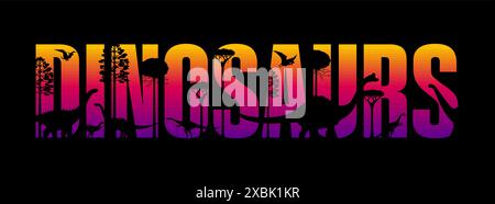 Sagome dei dinosauri al tramonto. Parola vettoriale vibrante e audace con ombre di animali e piante dino preistorici che formano i dinosauri tipo con uno sfondo sfumato al tramonto in arancione, rosso e viola Illustrazione Vettoriale