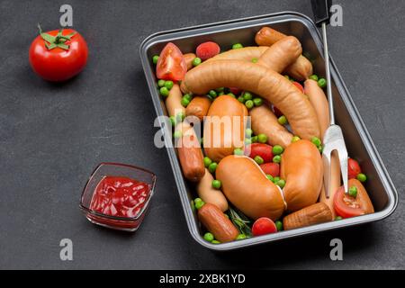 Salsicce con piselli verdi, pomodori e forchetta in pallet. Pasta di pomodoro e pomodoro sul tavolo. Sfondo nero. Posizione piatta Foto Stock