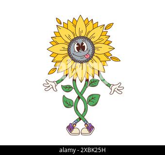 Personaggio cartoni animati retrò di girasole, personaggio vettoriale di fiori sorridenti d'epoca. Psichedelico comico giallo girasole che danzano con la faccia pazza. Funky hippie Summer Plant emoji, simpatica emoticon floreale Illustrazione Vettoriale