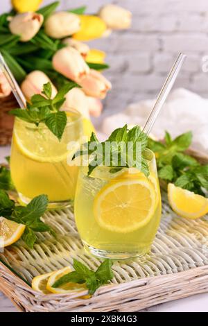 Il Limoncello Spritz è un cocktail leggero, rinfrescante e fresco preparato con liquore al limone, prosecco e acqua frizzante, menta e una fetta di limone. Foto Stock