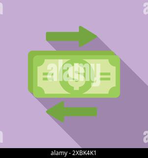 Banconota in dollari verdi con due frecce rivolte in direzioni opposte, che illustrano un trasferimento di denaro Illustrazione Vettoriale