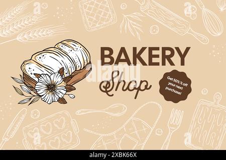 Panetteria con banner per cartoline di fiori. Promozione Vector Baking Illustrazione Vettoriale