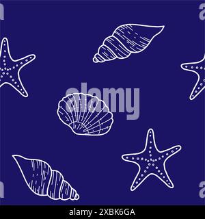 Under the Sea Drawn Seamless Pattern with Starfish and Seashells su sfondo blu scuro. Illustrazione vettoriale, line art isolata su bianco Illustrazione Vettoriale