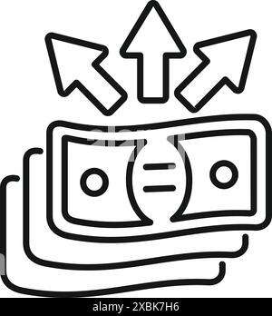 Aumento del valore monetario con tre frecce verso l'alto sullo stack di banconote che rappresentano il successo aziendale e la crescita finanziaria Illustrazione Vettoriale