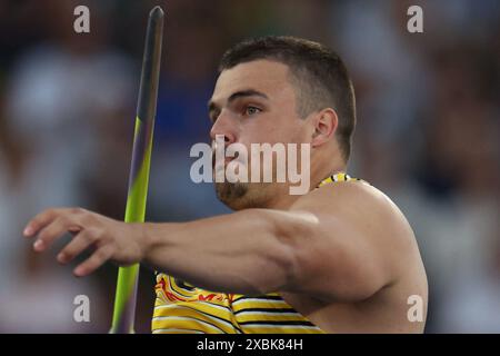 ROM, Italia. 12 giugno 2024. Atletica leggera: Campionati europei, lancio giavellotto, uomini, finale, Max Dehning dalla Germania in azione. Crediti: Oliver Weiken/dpa/Alamy Live News Foto Stock