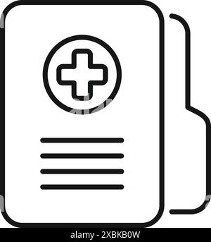 Icona della linea di una cartella con una croce medica, che rappresenta l'anamnesi del paziente e le informazioni sanitarie personali Illustrazione Vettoriale
