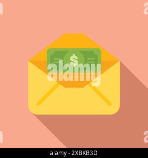Busta gialla aperta contenente denaro con il simbolo del dollaro, concetto di invio o ricezione di pagamenti, bonus, fatture, tasse, donazioni Illustrazione Vettoriale