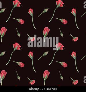 Design floreale con rose rosse. Fiori e boccioli. Motivo senza cuciture con rosa scarlatto da giardino. Fiori in fiore volanti. Illustrazione acquerello Foto Stock