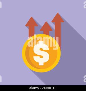 La moneta da un dollaro sta aumentando di valore con tre frecce verso l'alto, che rappresentano la crescita economica Illustrazione Vettoriale