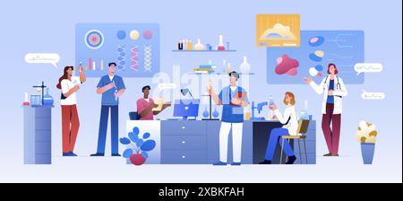 Gruppo di scienziati in laboratorio. Medico scientifico in laboratorio chimico condurre esperimenti di scienza farmaceutica, ricerca di biologia. I medici di piatto o gli assistenti di farmacologia lavorano sullo sviluppo di farmaci Illustrazione Vettoriale