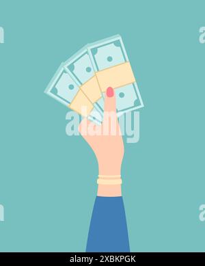 Mano femminile che regge pile di soldi su sfondo verde. Illustrazione vettoriale piatta Illustrazione Vettoriale