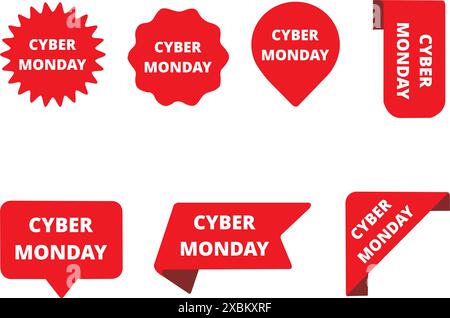 Etichette rosse del cyber monday su sfondo bianco con spazio di copia Illustrazione Vettoriale