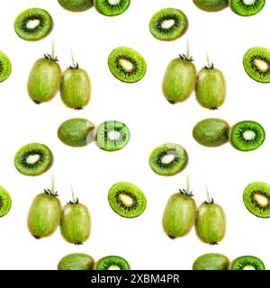 Motivo ad acquerello Kiwi dettagliato con frutta intera e a fette su sfondo bianco pulito Foto Stock