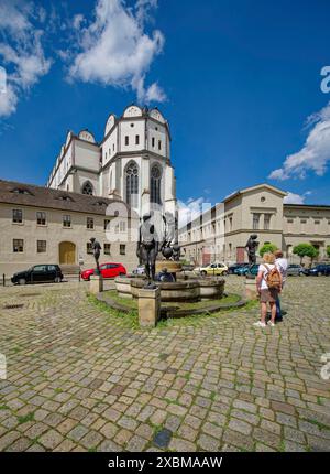 Cattedrale di Halle e Fontana del cerchio della vita, conosciuta anche come Fontana Bruehmann, Piazza della Cattedrale, Halle an der Saale, Sassonia-Anhalt, Germania Foto Stock