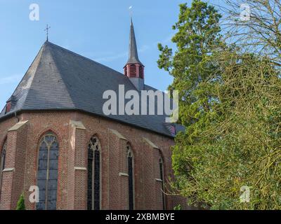 Chiesa gotica in mattoni con alta torre e grandi finestre, accanto ad essa un albero di fronte a un cielo blu, marienthal, vestfalia, germania Foto Stock