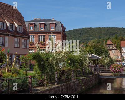 Una pittoresca cittadina con case a graticcio e un canale sovrastato, Wissembourg, Alsazia, Francia Foto Stock