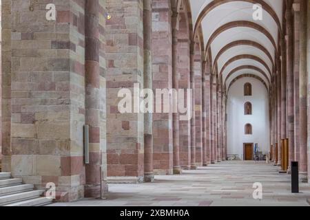 Cattedrale di Spira, lunga navata con archi in pietra e pavimento piastrellato a motivi geometrici, cattedrale di Spira, sito patrimonio dell'umanità dell'UNESCO, prima pietra posata intorno Foto Stock