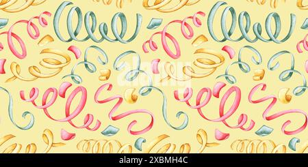 Nastri di coriandoli in rosso, giallo e verde motivo su sfondo giallo acquerello. Ideale per inviti a feste e decorazioni natalizie Foto Stock