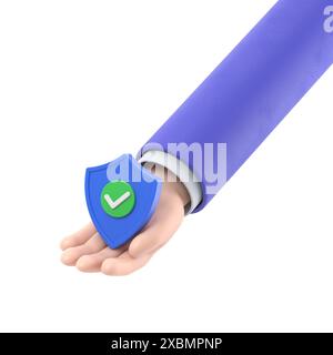 Icona dei gesti dei cartoni animati Mockup.3D con la mano che tiene lo scudo di sicurezza e il lucchetto. Protezione dei dati personali. Concetto di accesso sicuro. Verifica riuscita.3D r Foto Stock