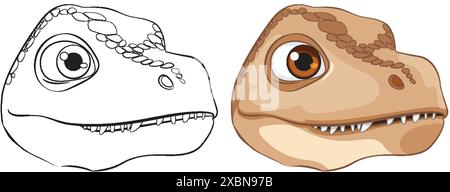 Adorable dinosaur head in color and outline Illustrazione Vettoriale