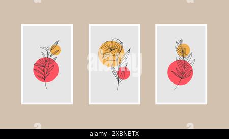 Set di 3 elementi artistici minimalisti. Stampe geometriche astratte per interni dall'estetica bohémien. Decorazioni per la casa stampe murali Illustrazione Vettoriale