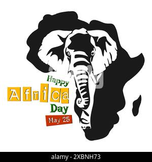 Illustrazione della giornata Mondiale dell'Africa con mappa Africa e sagoma degli animali africani. Poster del 25 May Happy Africa Day Illustrazione Vettoriale