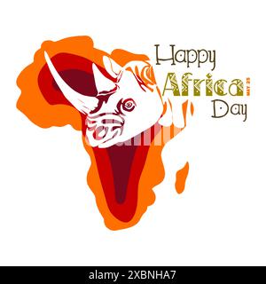 Illustrazione della giornata Mondiale dell'Africa con mappa Africa e sagoma degli animali africani. Poster del 25 May Happy Africa Day Illustrazione Vettoriale
