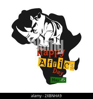 Illustrazione della giornata Mondiale dell'Africa con mappa Africa e sagoma degli animali africani. Poster del 25 May Happy Africa Day Illustrazione Vettoriale