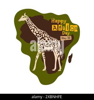 Illustrazione della giornata Mondiale dell'Africa con mappa Africa e sagoma degli animali africani. Poster del 25 May Happy Africa Day Illustrazione Vettoriale