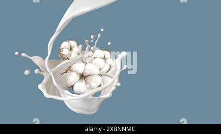 Batuffoli di cotone con latte o lozione a vortice. Illustrazione vettoriale 3d realistica di prodotti morbidi e lattiginosi per la cura della pelle del corpo e del viso. Crema biologica naturale bianca, gel doccia proteico o sapone. Illustrazione Vettoriale