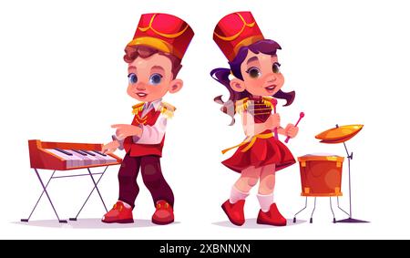 I bambini a marzo sfilano costumi con strumenti musicali. Simpatici musicisti di bambini e ragazze con batteria e bastoni e sintetizzatore per pianoforte. Lettore di bande di scuola di musica vettoriale cartoni animati in uniforme. Illustrazione Vettoriale