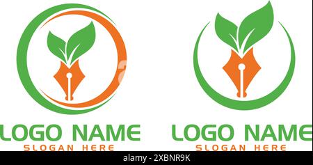 Combinazione di foglie e penne con logo naturale. Illustrazione Vettoriale