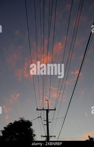Power pole e linee elettriche, silhouette contro il cielo serale con nuvole cirrus rosa a Brisbane, Australia Foto Stock