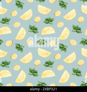 Mix organico di limonata con limone, zenzero, menta piperita, foglie di acquerello senza cuciture su sfondo blu pastello Foto Stock